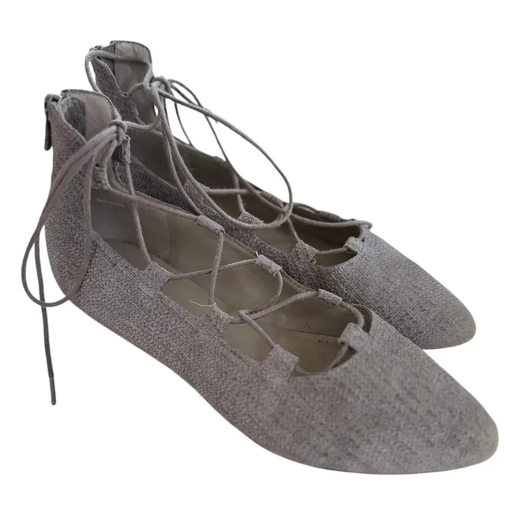 Eileen Fisher Loop2-td Marled Grey Suede Lace Up Pointed Toe Ballet Flats